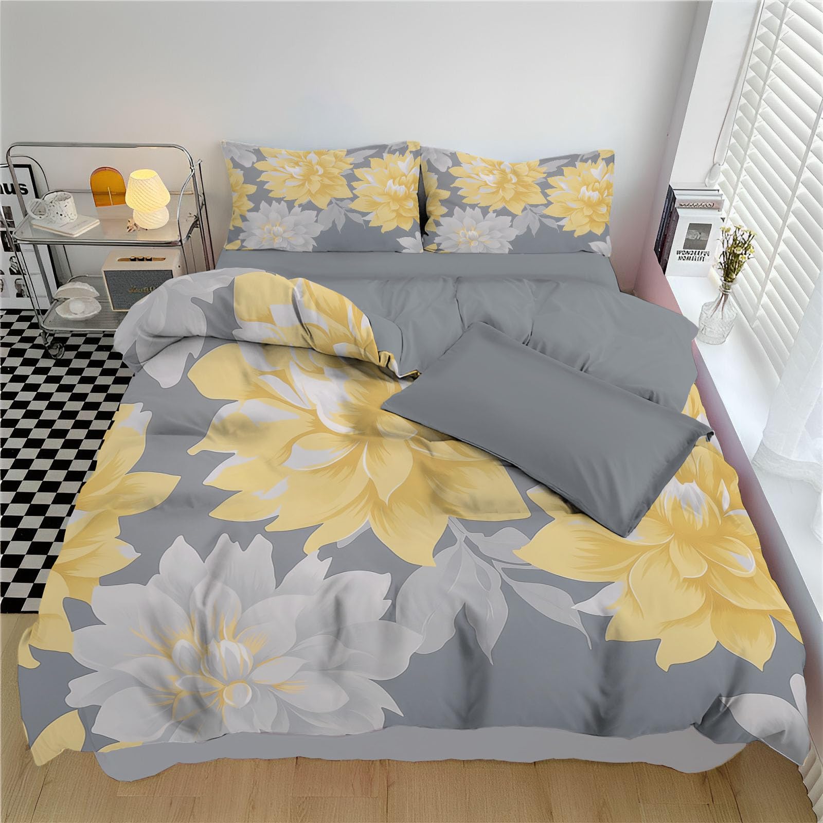 Parure de couette élégance fleurs en microfibre haut de gamme gris matelassé