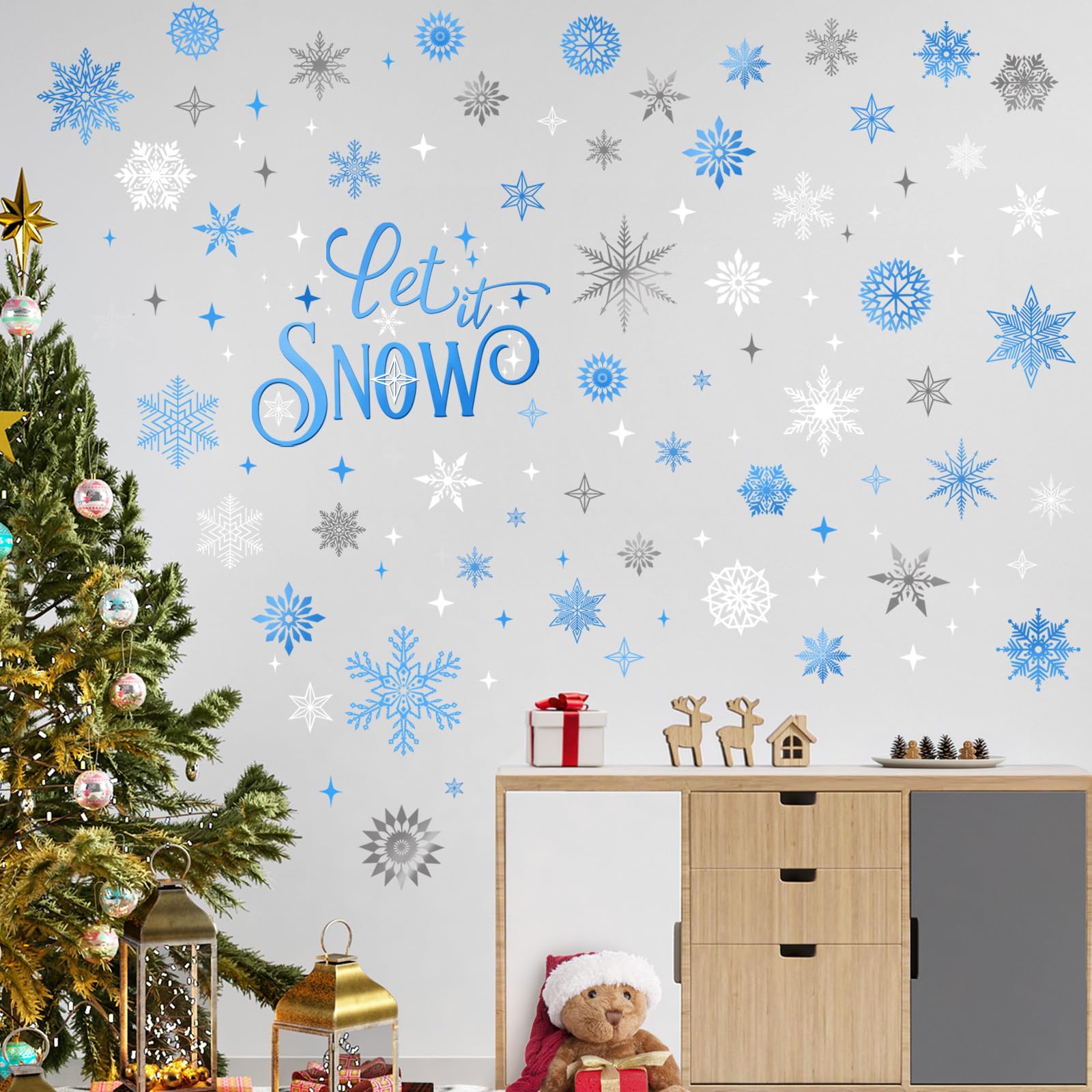 FUFUQUARE Christmas Wall Sticker Blue and White Winter Snowflake Wall Decal