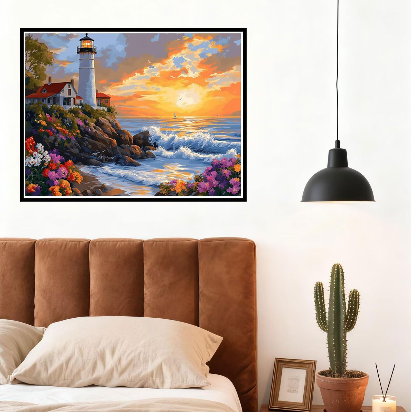 Peinture Numero Adulte Mer Coloriage par Numero Adulte Phare DIY Paint by Numbers, avec Pinceaux Peinture Loisir Creatif Enfant Numéro D'art Cadeau Femme, Pour Decoration Maison Murale 70x90cm H - 621