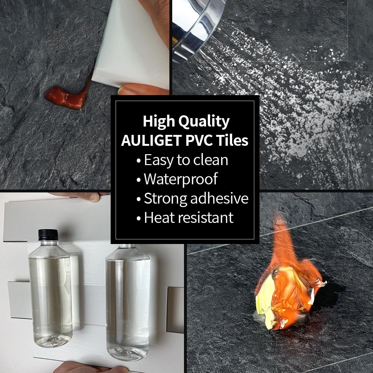 AULIGET 6" x 12" Black Slate Peel and Stick Backsplash Wall Tiles, PVC Faux Stone Stick on Tiles for Backsplash Kitchen, Bathroom, Laundry Room, Camper, Fireplace (Pack of 20)