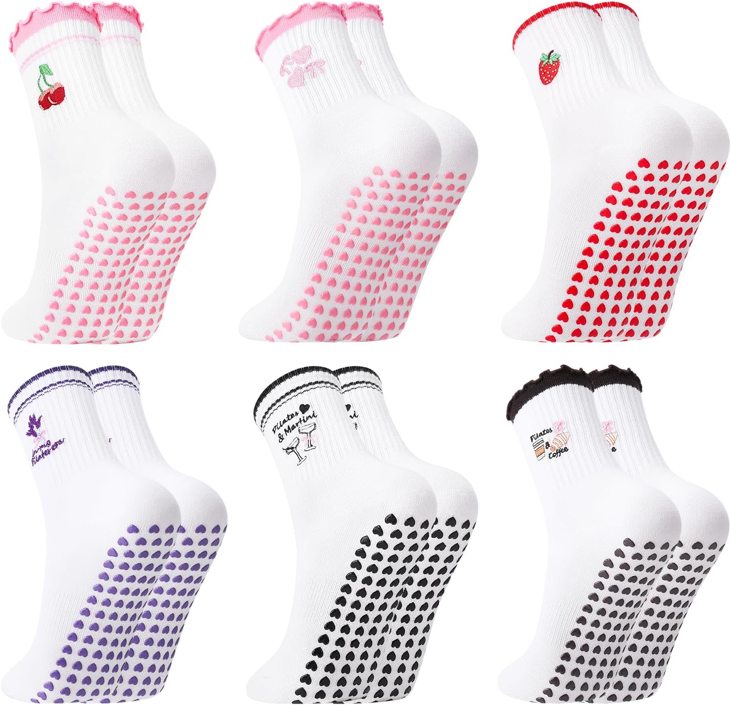 6 Pairs Pilates Socks for Women, Cute Embroideried Non-Slip Grip Crew Socks Yoga Sock for Barre Barefoot