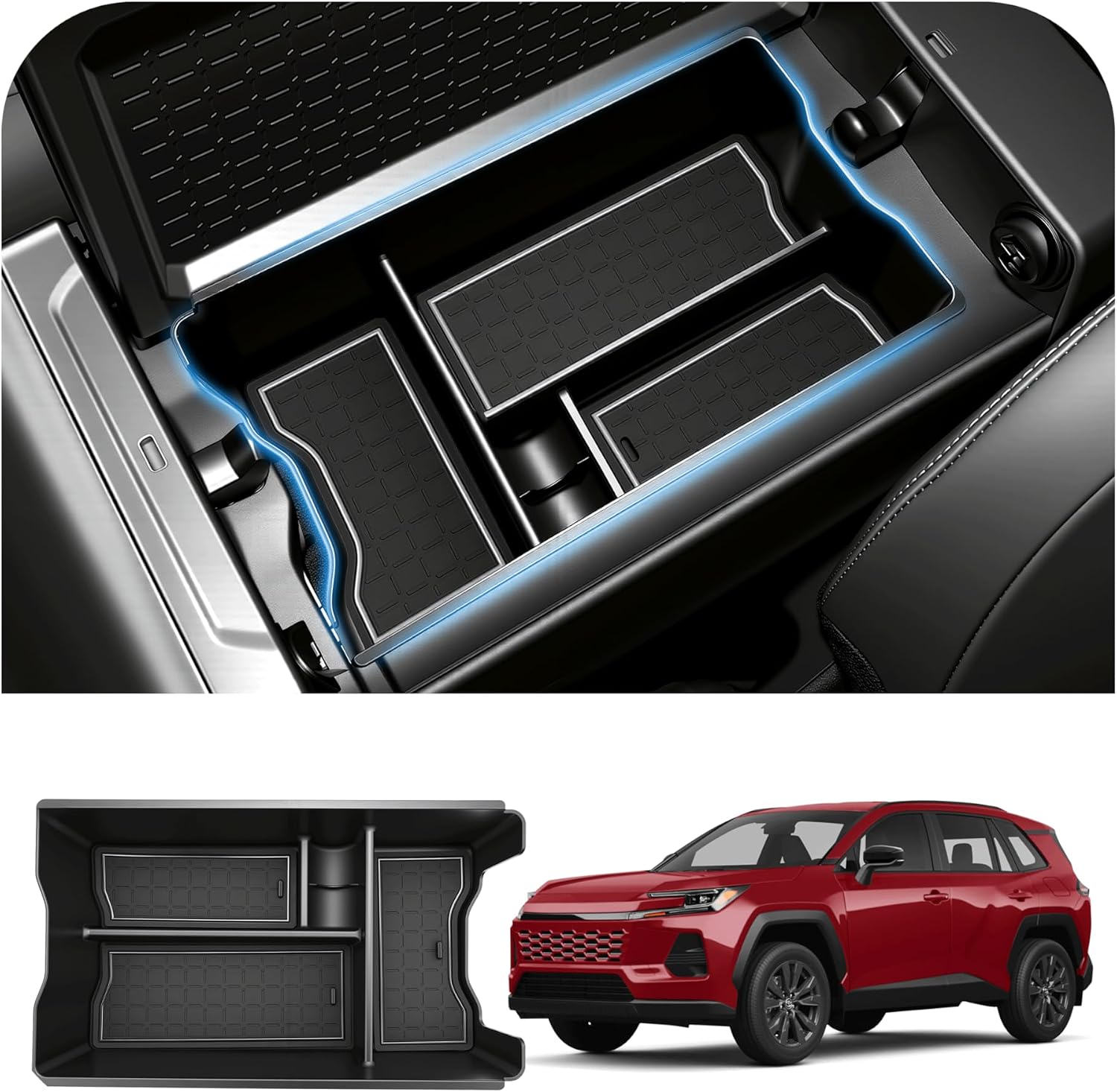 Center Console Organizer for 2026 Toyota RAV4, Armrest Tray for 26 RAV 4, Arm Rest Storage Box with Anti Slip-Pads, ABS Car Snack Organizer, Car Interior accessories for 6th RAV-4, New Driver Gifts