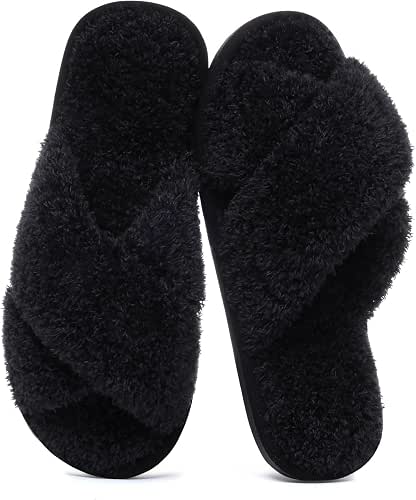 Comwarm Women's Cross Band Fuzzy Slippers Fluffy Open Toe House