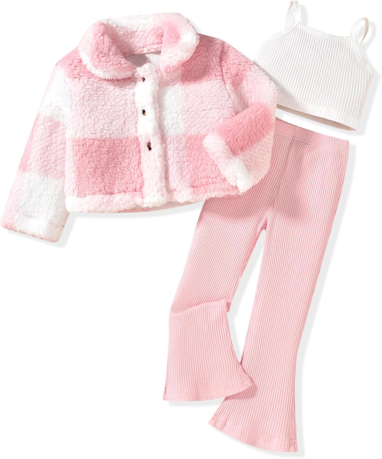 HINTINA Toddler Girl 3 Piece Outfits Cami Top Flare Pant Set With Plaid Coat