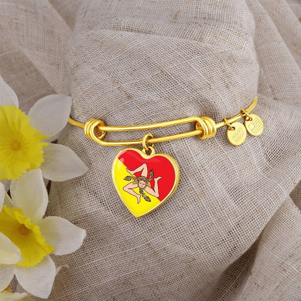 P.S. I Love Italy Gold Sicilian Flag with Heart Charm Bangle - Great Italian Themed Jewelry Gift - Shatterproof Glass Bangle on Surgical Steel Fashion Bracelet - Engraving Available
