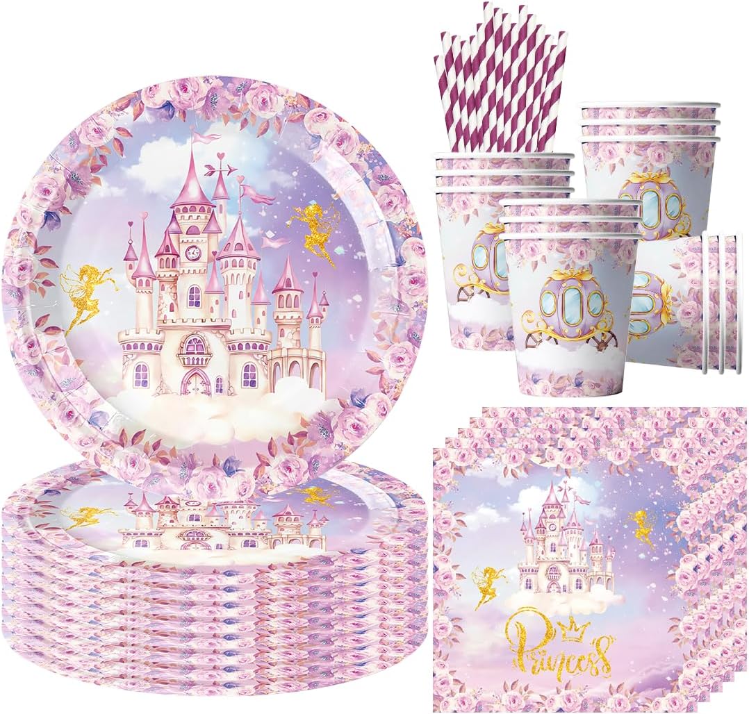 68 Pcs Vajilla Para Fiesta de Castle, Vajilla de Cumpleaños de Princesa Castle, Decoracion Cumpleaños Niños Incluye Platos Ttazas Servilletas