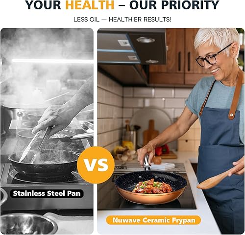 Miniatura 9 de Nuwave Juego de sartenes ligeras forjadas de 3 piezas de 8, 10 y 12 pulgadas, G10 Healthy Duralon Blue Ceramic Ultra Antiadherente, asas ergonómicas