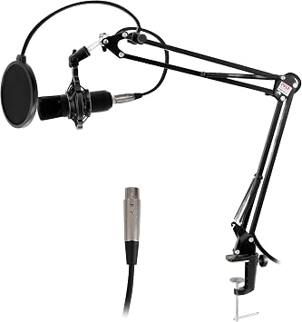 Pyle Suspension Boom Mic Stand with Shock Mount Adjustable Desktop Mic Stand Boom Arm with Clamp, XLR Cable, Mic Clips Heavy-Duty Microphone Stand for Podcast, Studio, Streaming, Broadcasting