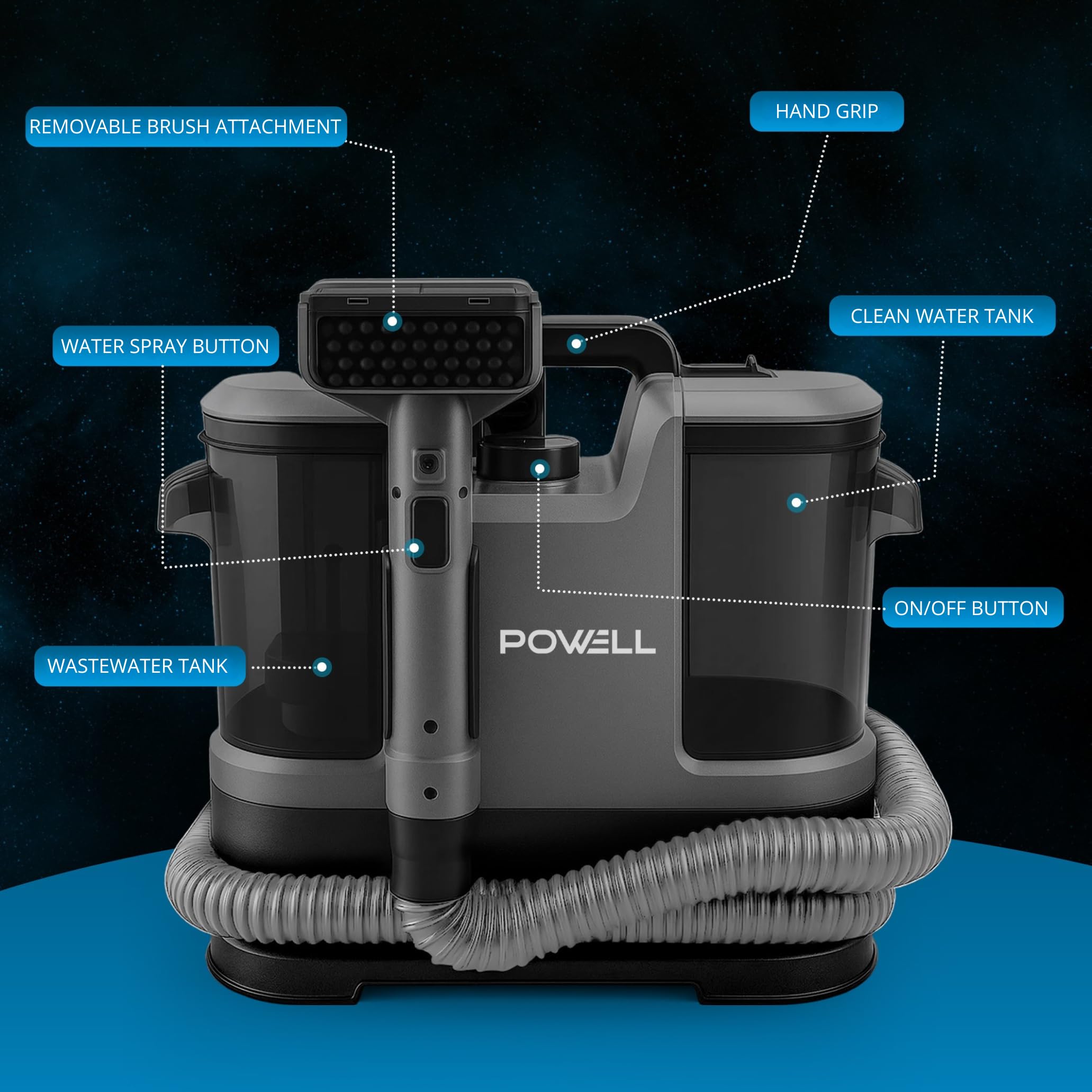 Powell Pulitore per tappeti da 450 W - Smacchiatore per divani e tappezzeria | Pulitore per sedili auto con serbatoio da 1,8 L | Macchina per la pulizia e la rimozione delle macchie dai materassi