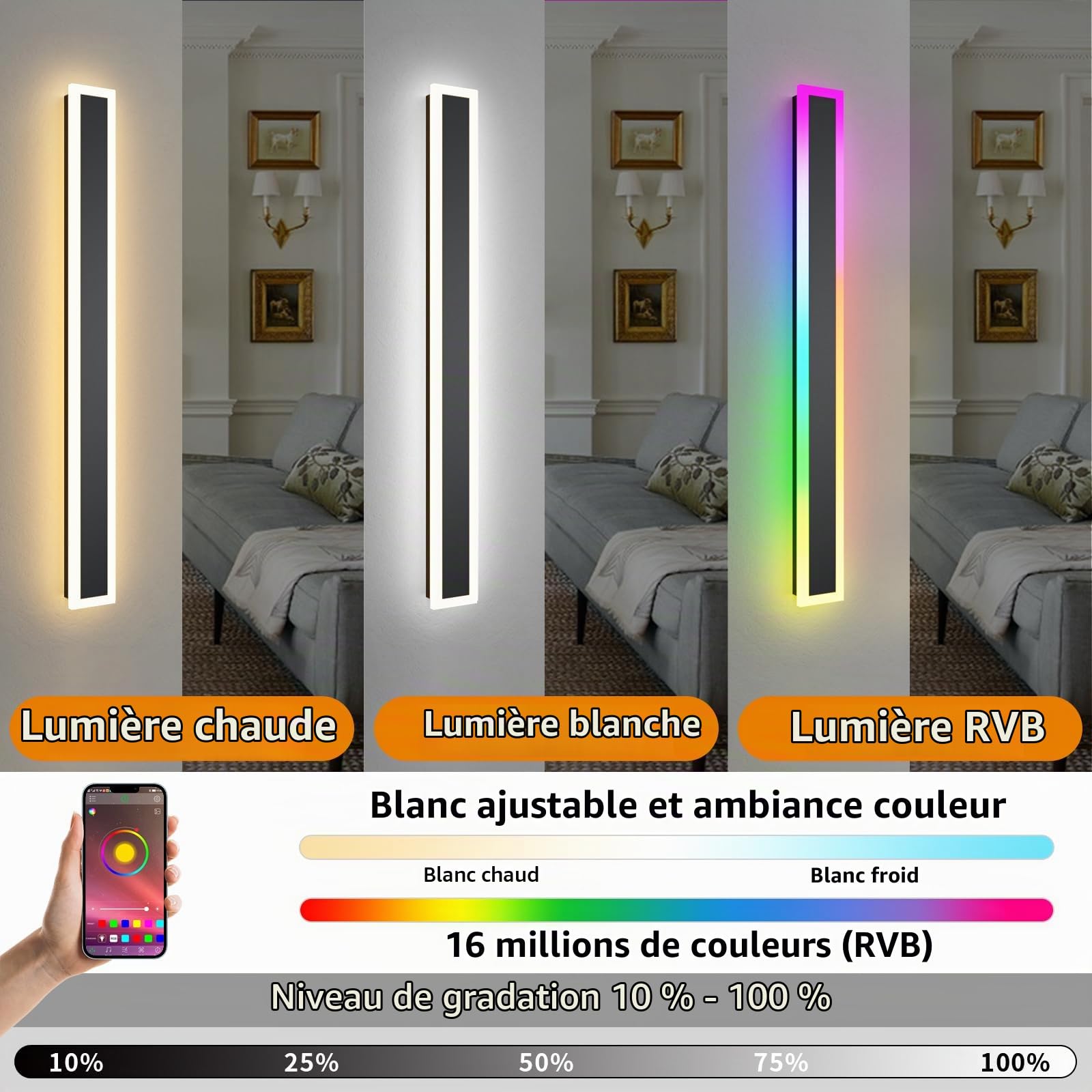 Applique murale extérieure RGB, 80cm 2 groupes RGB/chaud/blanc dimmable moderne LED applique murale, longue lampe murale avec contrôle à distance et app pour extérieur/intérieur