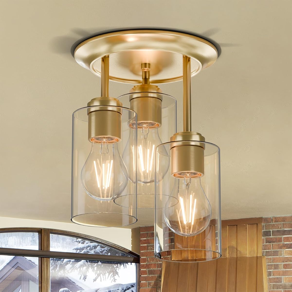 Lámpara de techo de montaje semiempotrado de 3 luces doradas para cocina | Vestíbulo/entrada/comedor/pasillo Granja Decoración industrial del hogar Pantalla de vidrio transparente Cableado E26 Listado ETL 120 V 60 W máx.