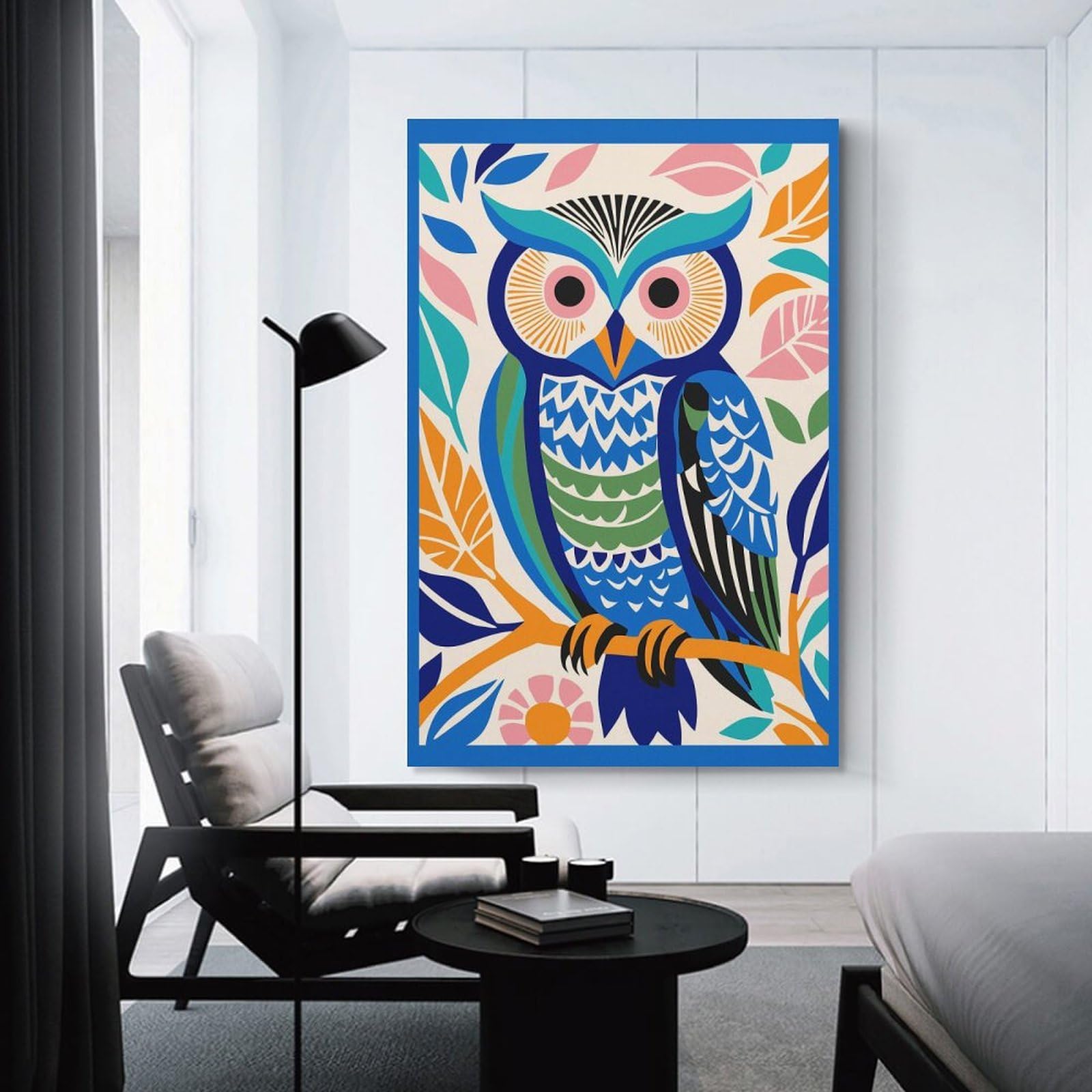 Junmoney Canvas Wall Picture Blue Wild Cute Owl, 24x36inch(60x90cm), for Front Hall, Corridor Or Welcome Spaces, Decorative Wall Art for Narrow Spaces