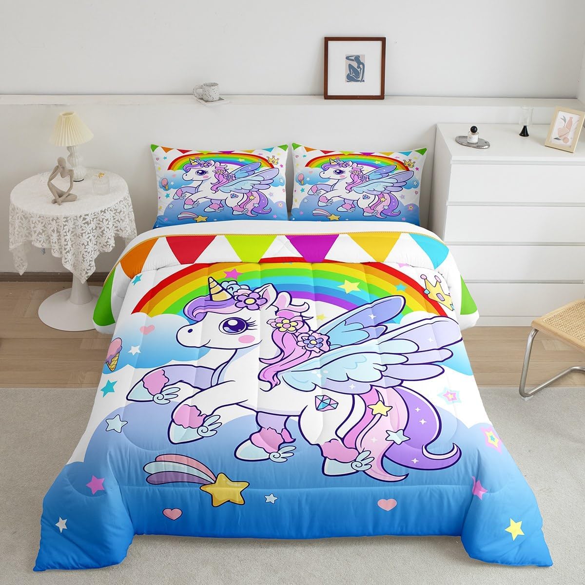 Girls Cute Unicorn Duvet Quilt Toddler Size Unicorn Glitter Bedding Set for Kids Boys Girls Decor Cute Animal Comforter Set Breathable Soft Lightweight Microfiber Rainbow Bedroom Decor Bedclothes