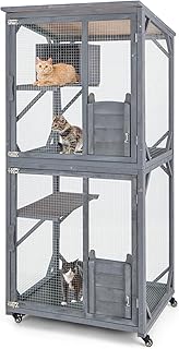 Tangkula Catio Outdoor Cat Enclosure, 72 Inch Wooden Cat House on Wheels with Resting Box, 2 Platforms & Weatherproof Asphalt Roof, Large Kitty Cat Condo Cage Playpen with Enter Doors & PP Layer