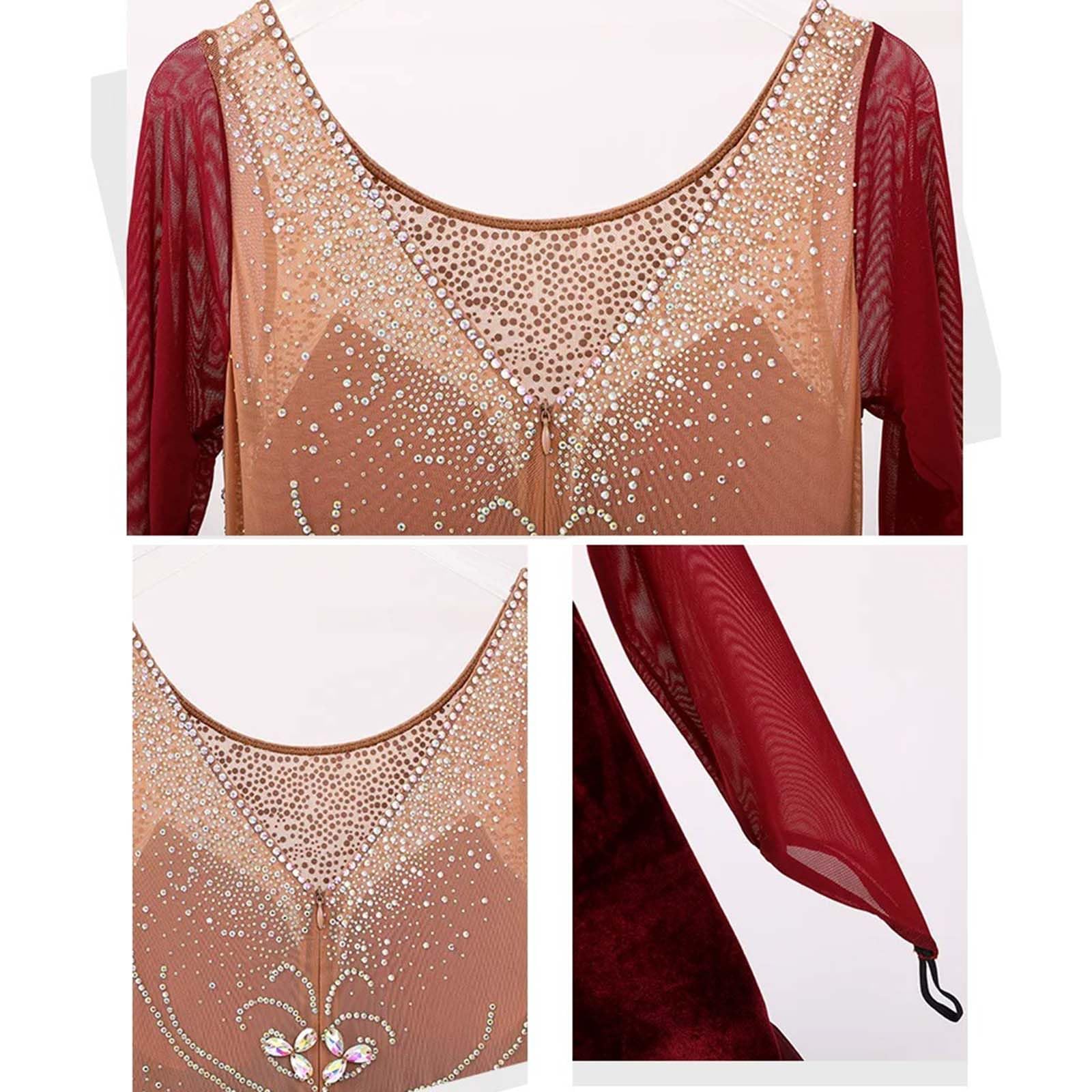 purpleq Damen Standard Tanzkleid, Langarm Walzer Kleid, Samt und Chiffon, Elegantes Performance Kleid für Standard, Latein, Tango, Salsa, Turniertanz, Rot