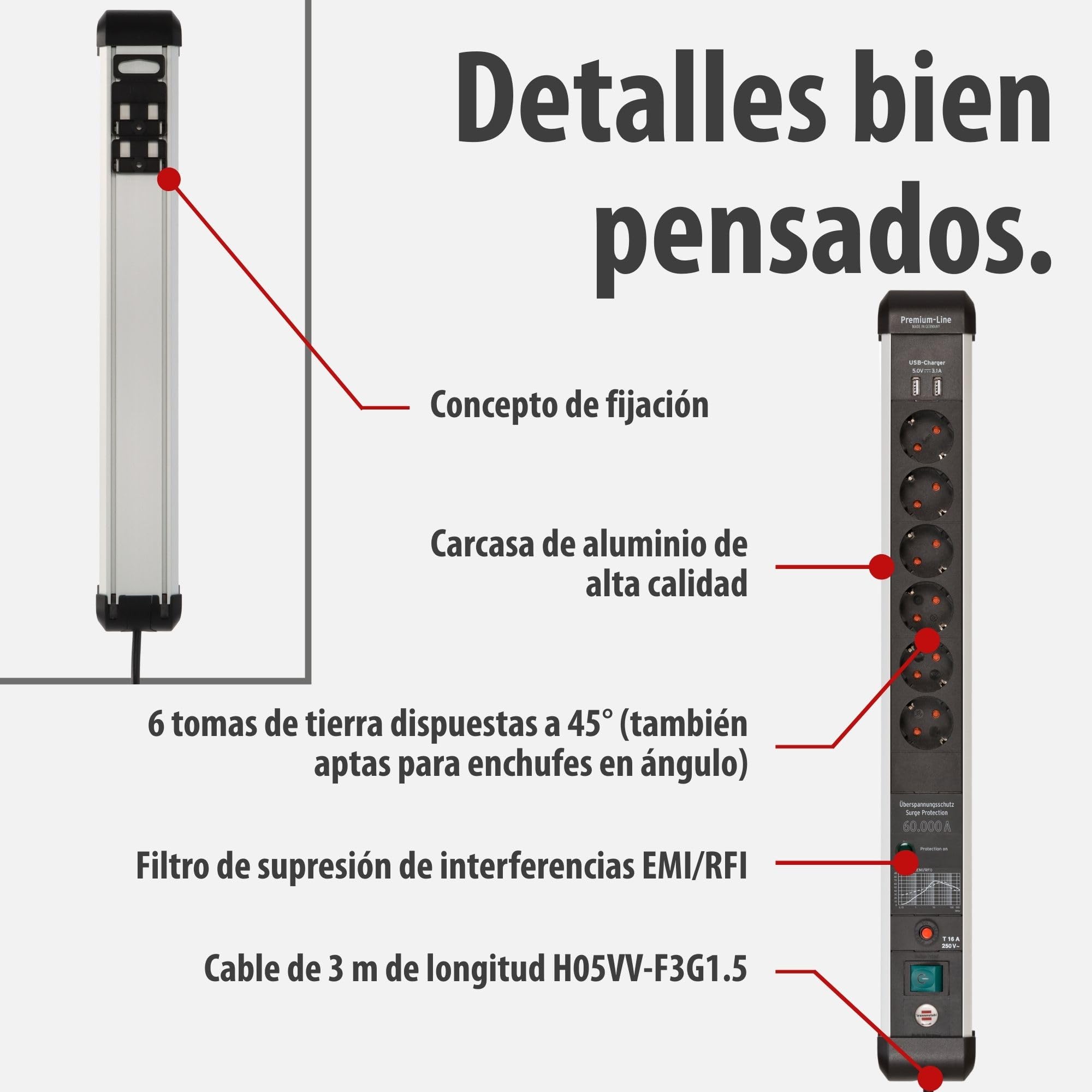 Brennenstuhl Premium-Protect-Line regleta enchufes con USB, 6 Tomas y protección contra sobretensiones (Cable de 3m, 2X Carga USB 3.10A, Interruptor, Fabricado en Alemania) Plateado/Negro
