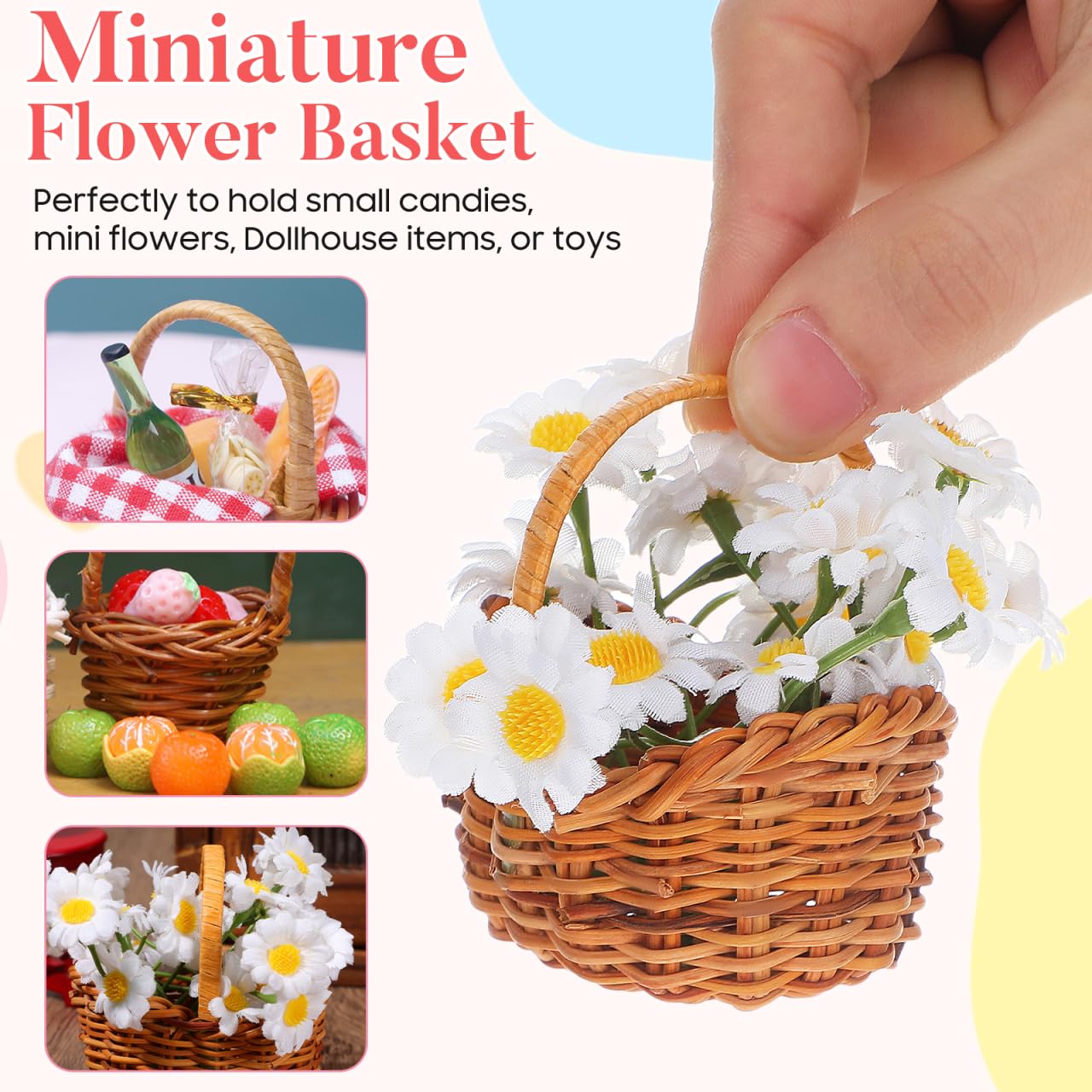 Abaodam Dollhouse Rattan Basket 1/12 Small Mini Woven Willow Basket Lightweight Portable Flower for Picnic Party Wedding Home Decor Fairy Garden Easter Decor 2.95X2.95X2.17 Inch - Image 2
