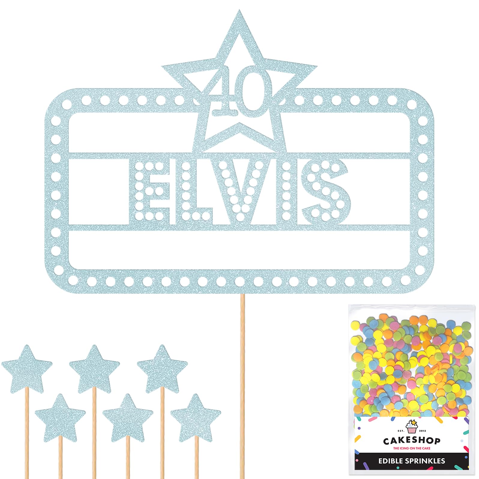 Personalised Happy Birthday Glitter Cake Topper - Light Blue Any Name & Age in Lights Glitter Cake Decoration and Sprinkles - Happy Birthday Decorations - Personalised Toppers for Cakes by Cakeshop