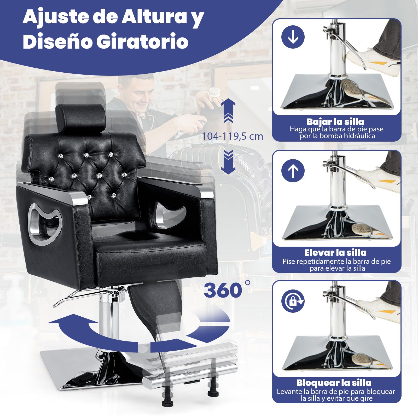 RELAX4LIFE Silla Peluquería Giratoria 360° con Respaldo Inclinable y Reposacabezas Ajustable en 6 Niveles, Sillón Barbero Hidráulico para Salón de SPA y Belleza, Barbería, Carga 150 kg