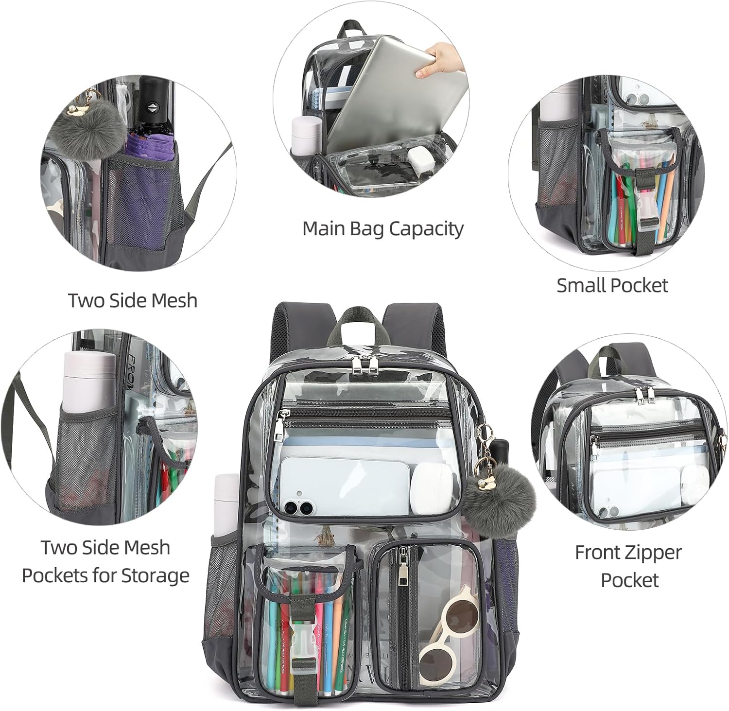 Clear Backpacks for Girls Boys, Heavy Duty PVC Transparent School Bookbag See Through Back Pack for College Work Travel (Dark Grey) - Image 6