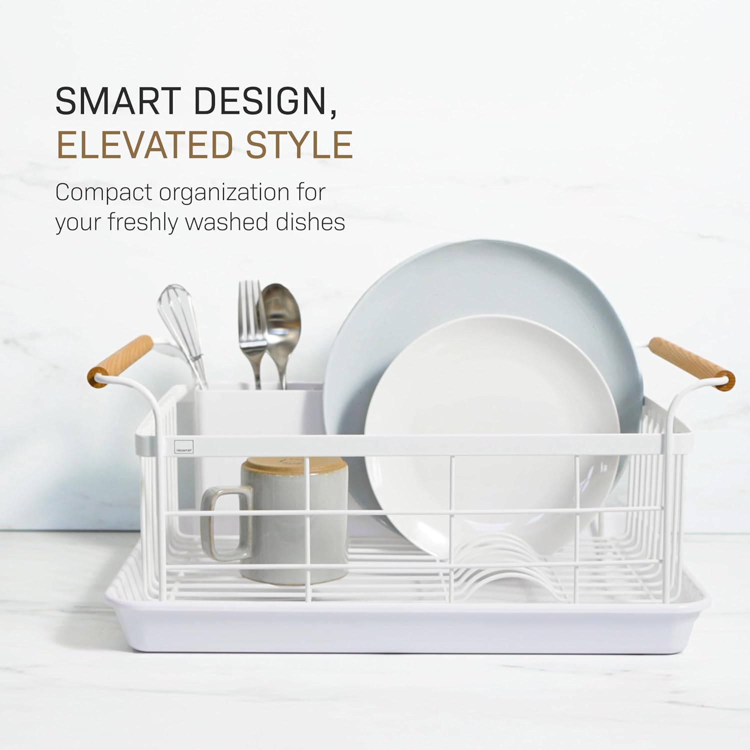 YAMAZAKI Home Dish Drying Rack – Modern White Dish Rack for Kitchen Counter with Removable Drainer Tray and Cutlery Holder, Steel + Wood Dish Drying Organizer - Steel + Wood