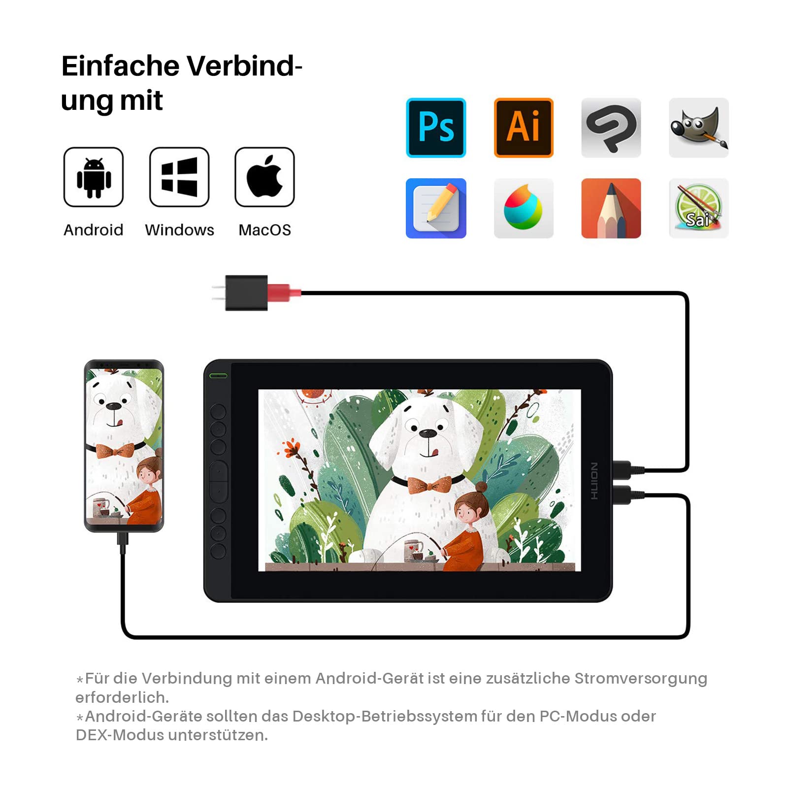 HUION Kamvas 12 Grafiktablett mit Display, 11,6 Zoll Stift-Display mit batterielosem Stift, 8 Expresstasten, verstellbarem Standfuß, Zeichentablett für Switch Spiel, ferngesteuertes Lernen, Arbeiten