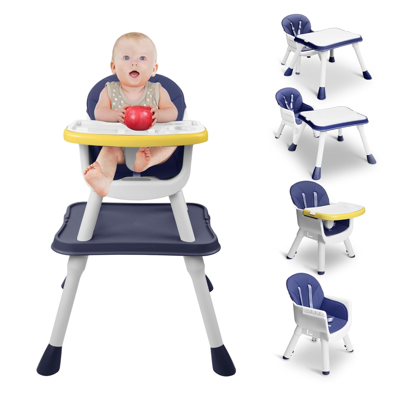 High Chairs for Babies and Toddlers, 5-in-1 Convertible Baby High Chair to Booster Seat with Removable Tray, Kids Learning and Building Block Activity Table with Safety Harness (Blue)