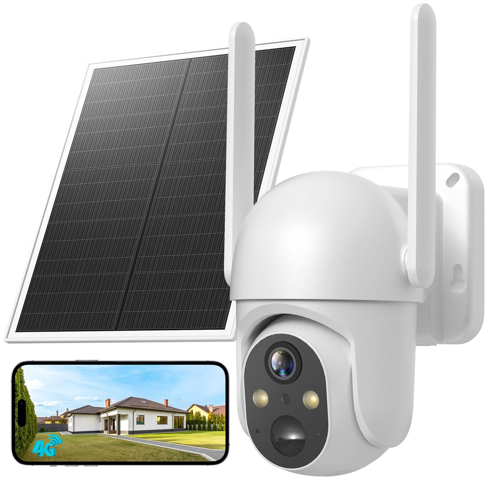 4G LTE Solar Outdoor Surveillance Camera with SIM Card, 2K HD Surveillance Camera Without WiFi PTZ, Colorful Night Vision and Human PIR Detection, Two-Way Audio