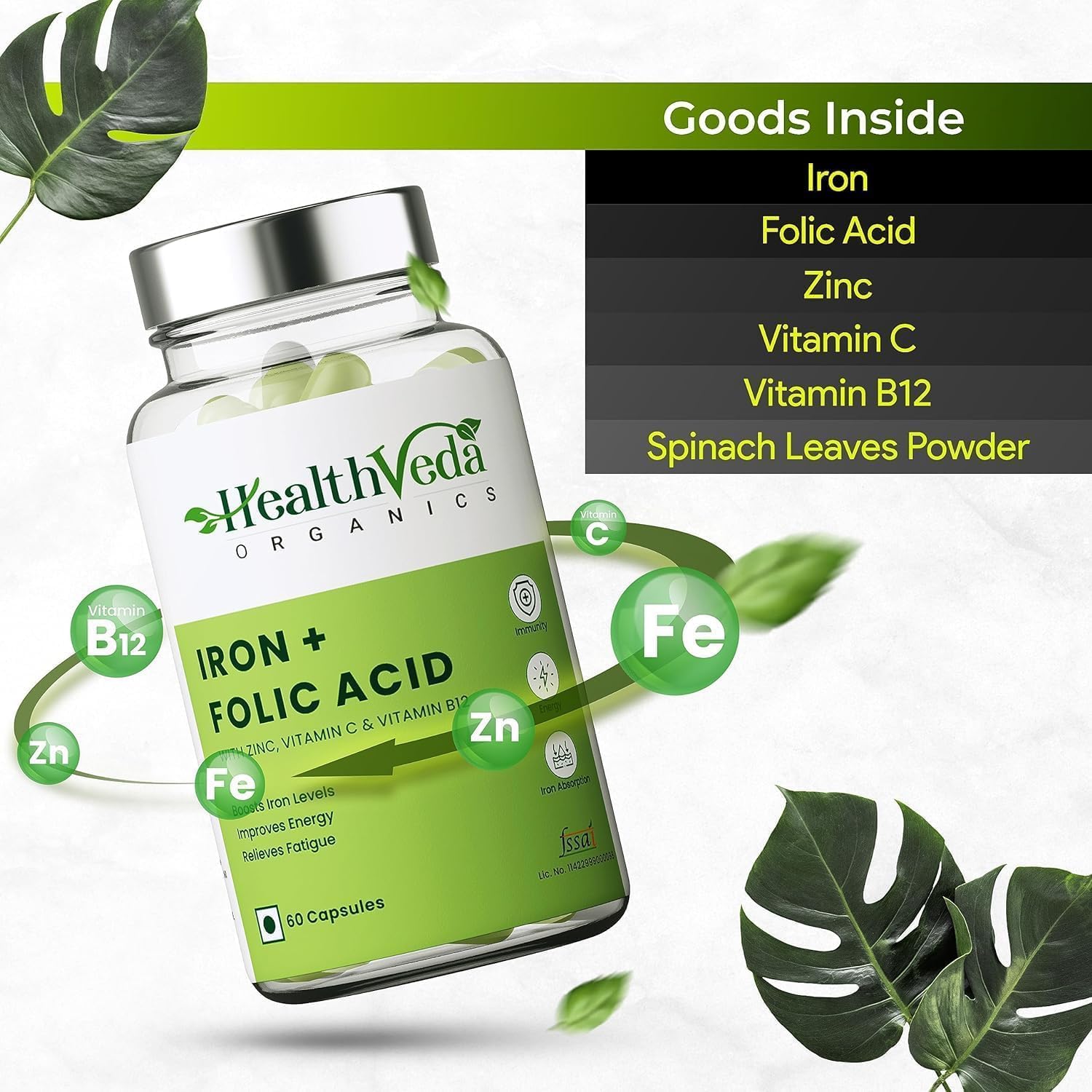 Iron + Folic Acid Supplement with Zinc, Vitamin C & Vitamin B12 | 60 Veg Capsules | Supports,Immunity and Energy | Enhances Iron Absorption| for Both Men & Women