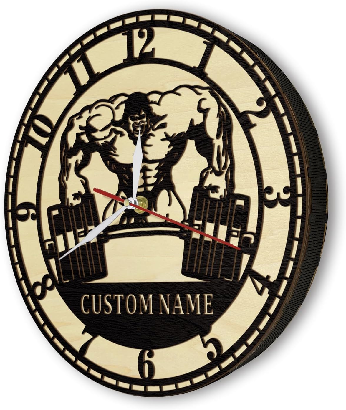 12 Inch Gym Wall Clock Personalized Name, Custom Barbell Weight-Lifting Workout Wood Wall Clock Silent Non Ticking Battery Operated Wooden Gym Clocks for Home Gym Fitness Room Fitness Center
