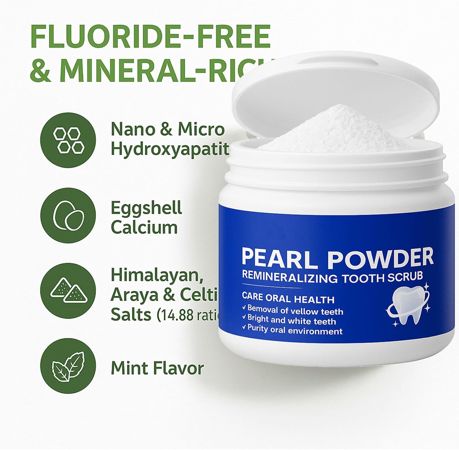 Pearl Powder Remineralizing Tooth Scrub – Natural Teeth Powder for Whitening, Enamel Strengthening & Brighter Teeth – Fluoride-Free Tooth Polish, Fresh Breath, 1.1 oz Jar (1)