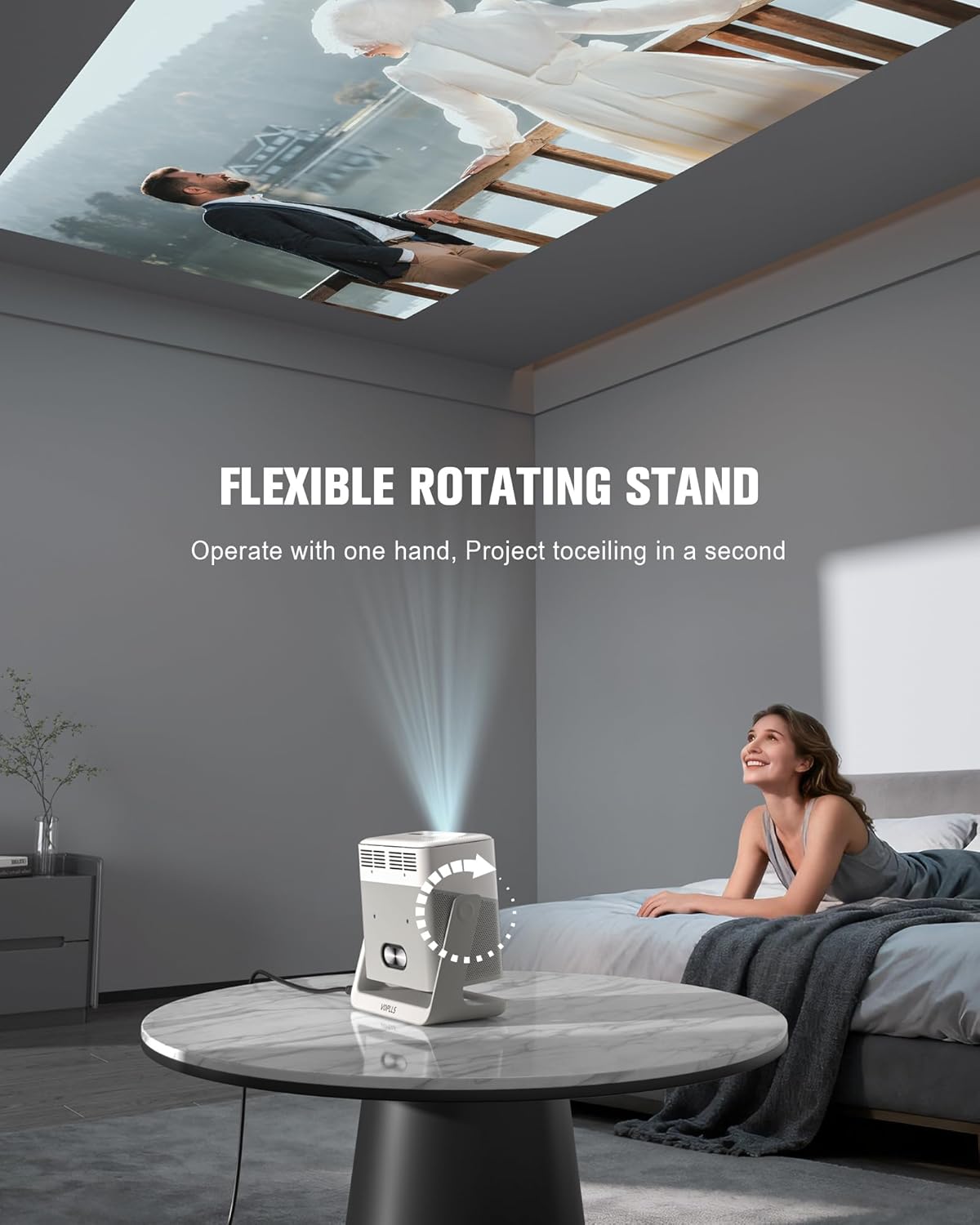 VOPLLS G7 Projector with flexible rotating stand projecting onto a ceiling