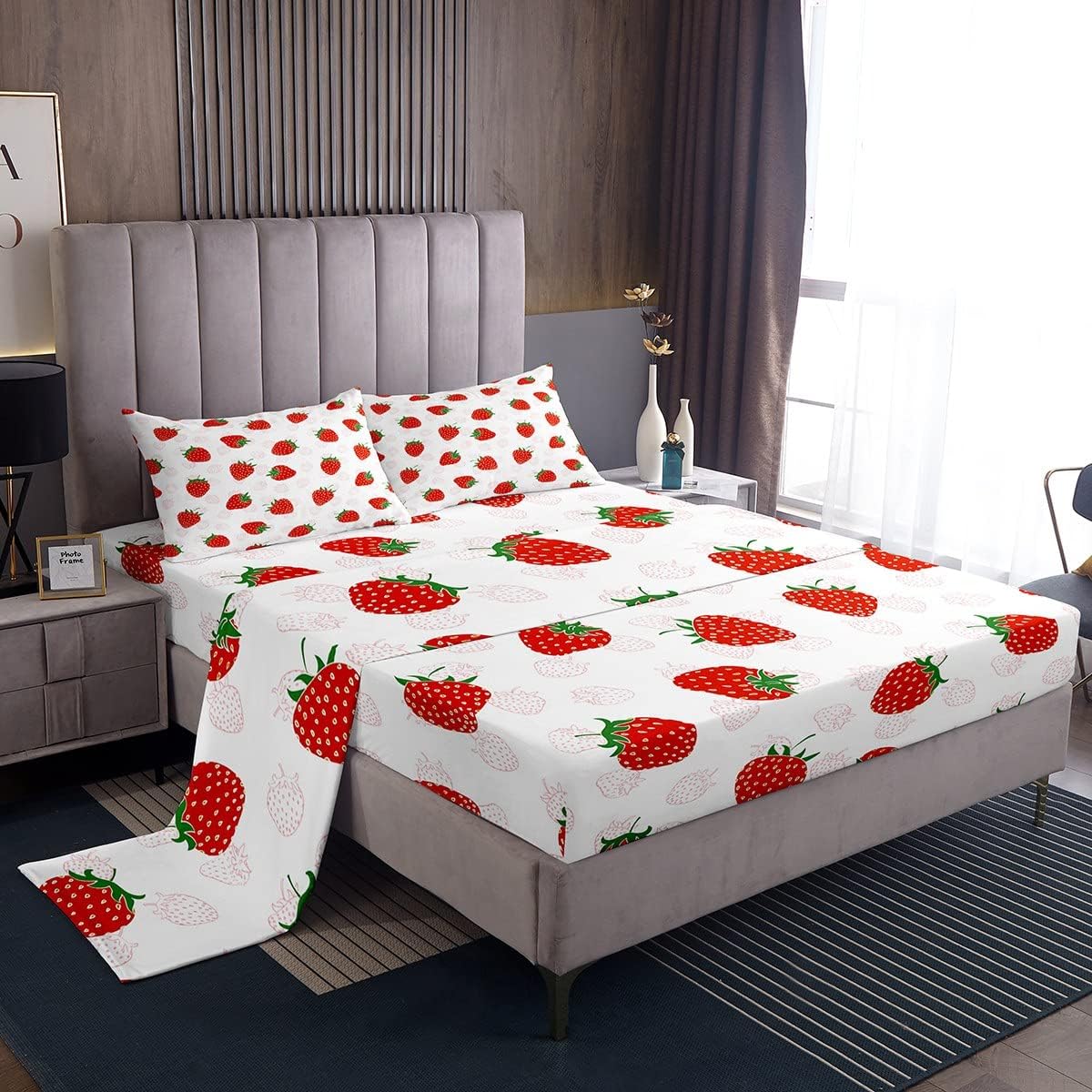 Feelyou Strawberry Bed Sheet Set Sweet Strawberry Bedding Set Cute Strawberry Pattern Fitted Sheet Pink Decor Flat Sheet for Kids Boys Girls Adults Queen Size with 2 Pillow Case