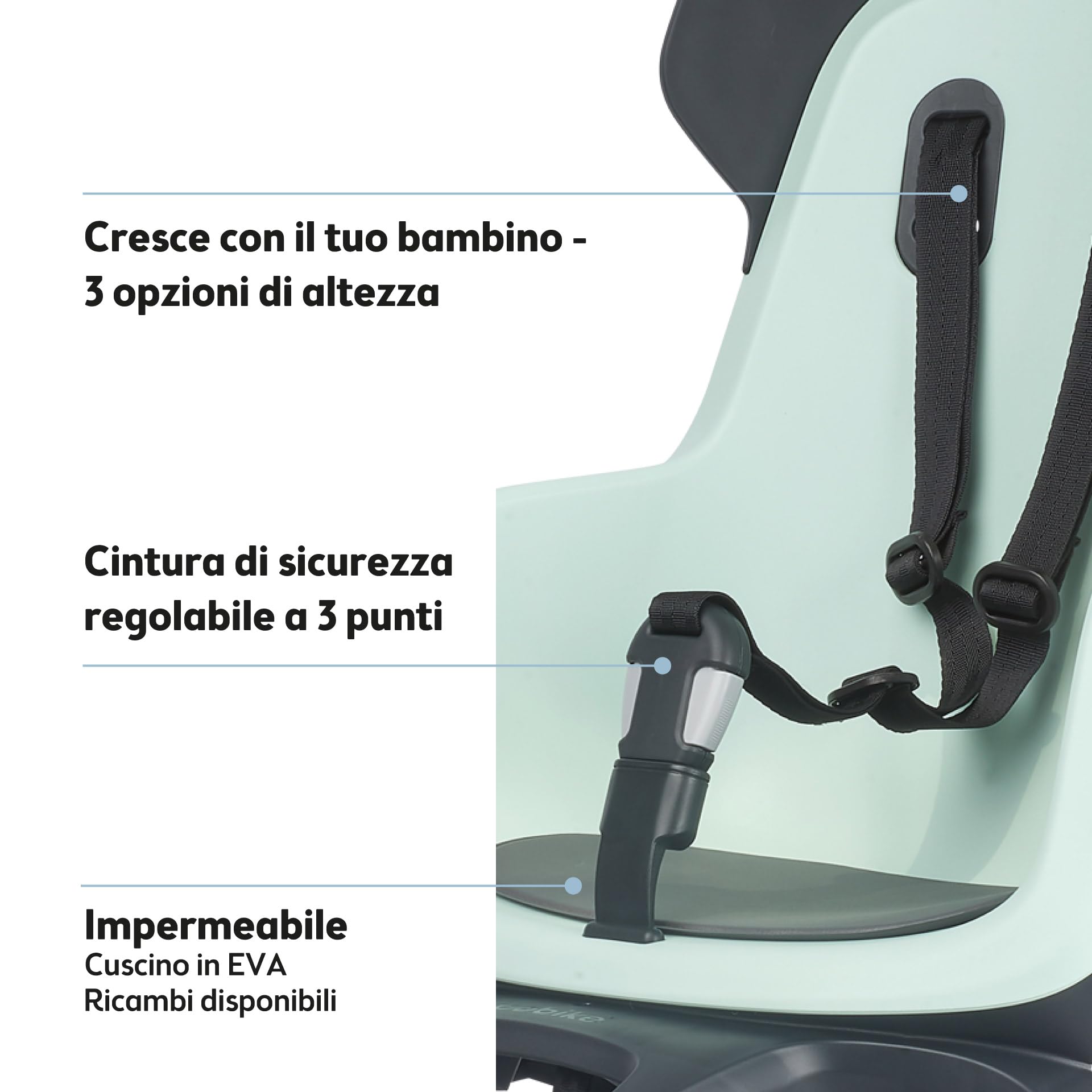 Bobike 8012300003 GO Maxi CFS XR Seggiolino Posteriore Per Bici Con Portapacchi, Per Bambini Da 9 Mesi A 6 Anni, Max 22 kg, Poggiapiedi Regolabili, Installazione Senza Attrezzi, Menta Marshmallow