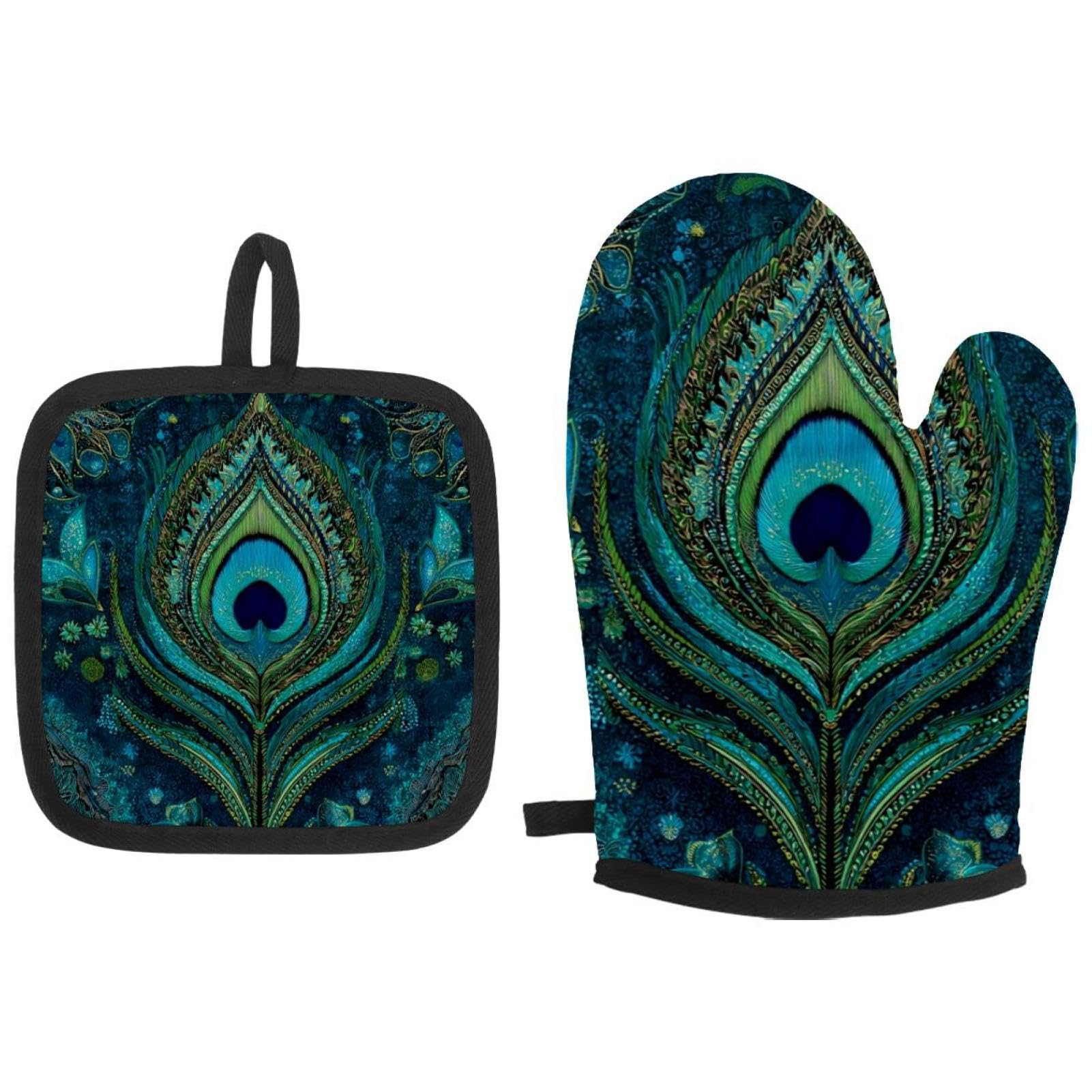 Maniques plumes de paon turquoise contre les brûlures de plats chauds au four