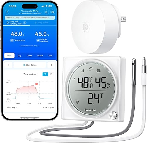 GoveeLife Upgraded Smart WiFi Refrigerator Thermometer Digital with Freezer Alarm, Wireless Magnetic Fridge Thermometer with Notification, LCD