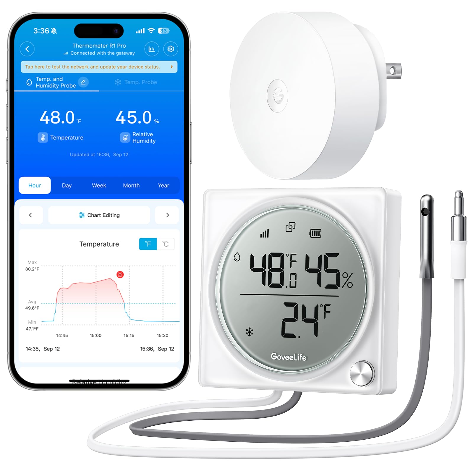 GoveeLife Upgraded Smart WiFi Refrigerator Thermometer Digital with Freezer Alarm, Wireless Magnetic Fridge Thermometer with Notification, LCD Display