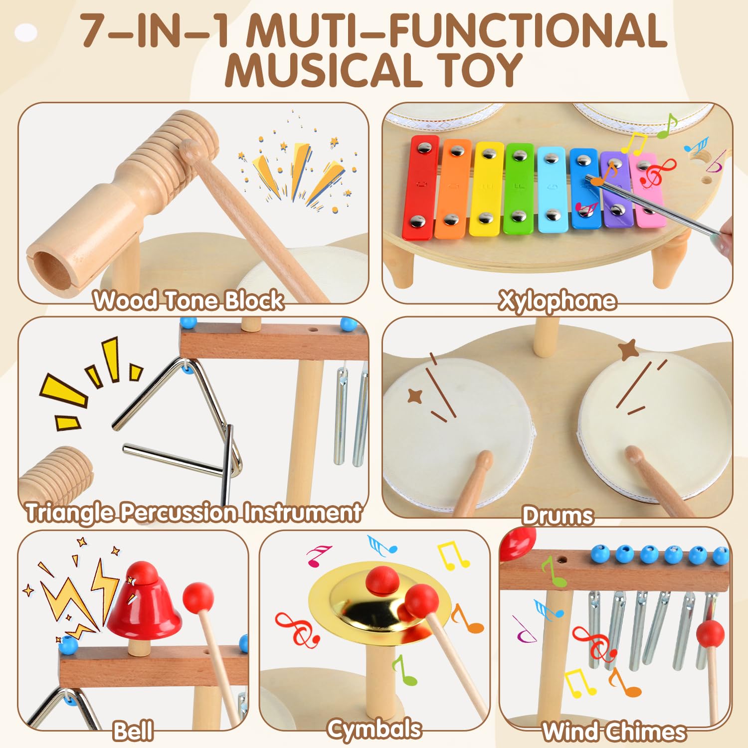 Tambor Infantil de Madera, 7 IN1 Batería Musical para Niños con Xilófono, Juguete Educativo Montessori, Instrumentos Musicales Juguetes de Madera Regalo para Bebé Niño Niña 2 3 4 5 Años