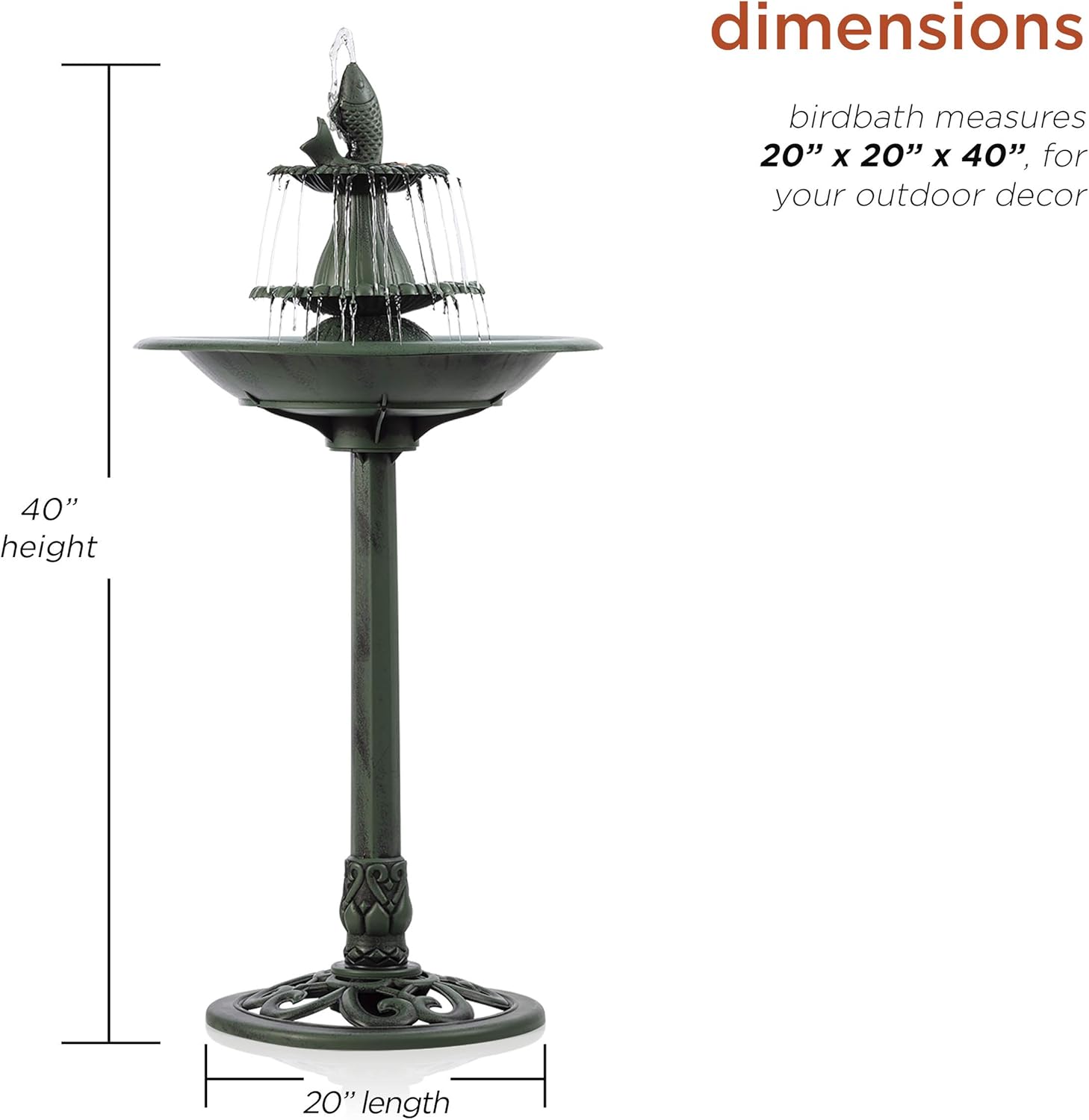 Alpine Corporation 3-Tiered Pedestal Water Bird Bath with Fish Design Floor Fountain, 40-Inch Tall, Green : Birdbaths : Home & Kitchen