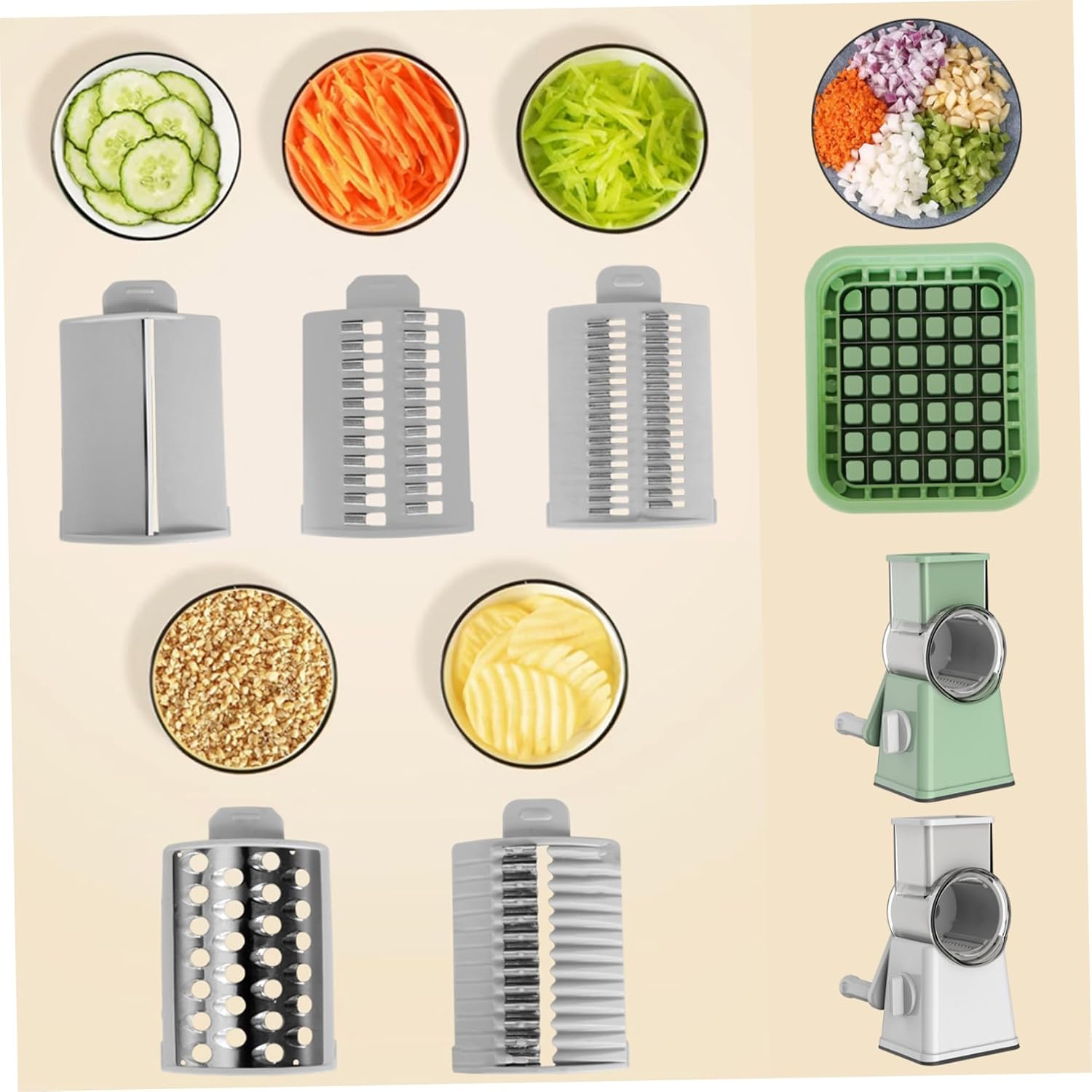 Rotary Cheese Grater Hand Crank 5 in 1 Vegetable Slicer with Container for Shredding, Slicing, Dicing, Manual Food Grater Kitchen Tool White