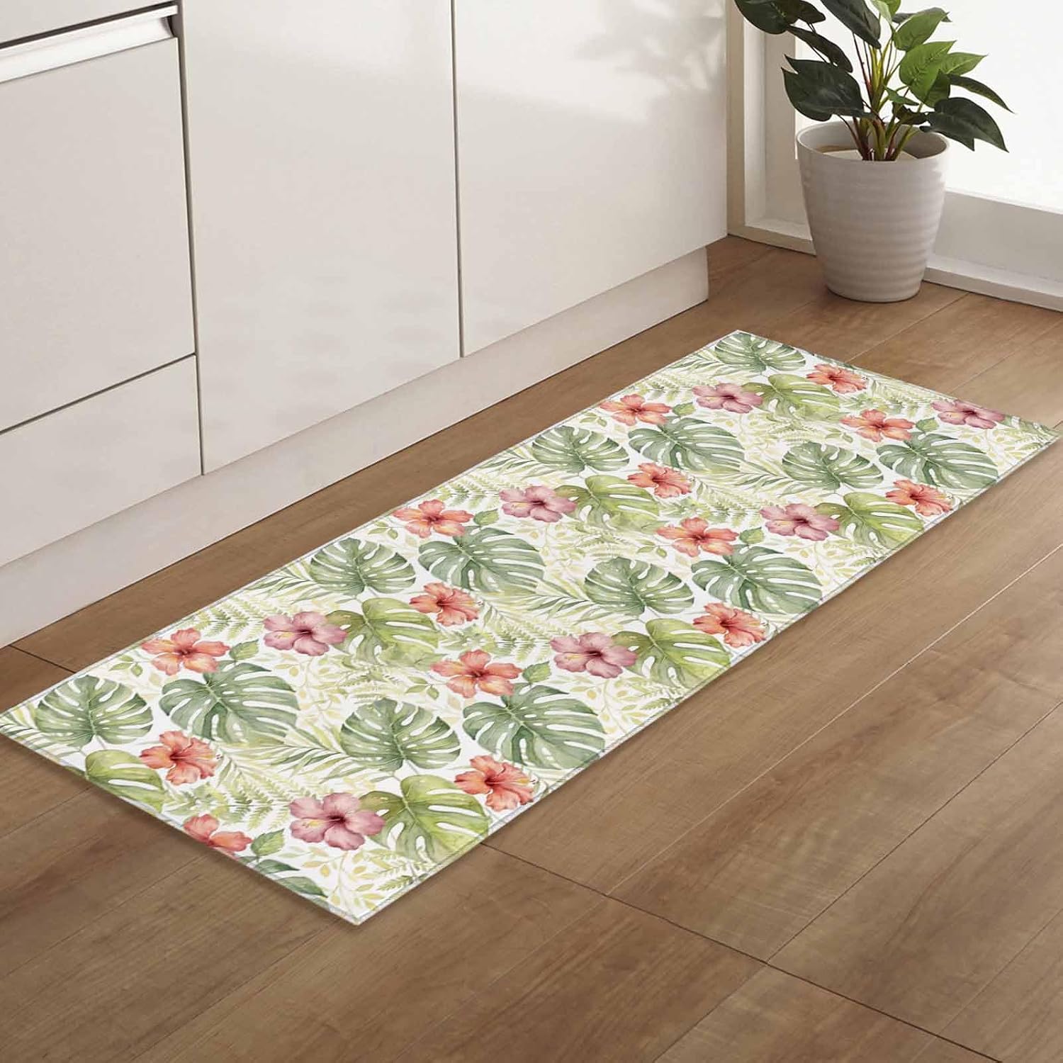 Teamery Kitchen Mats for Floor Watercolor Monstera Leaf Flower Washable Non Slip Kitchen Rugs 1PCS, Summer Herbs Plant Floral Absorbent Standing Mats for Sink Bathroom Office Living Room 23.6x70.9in