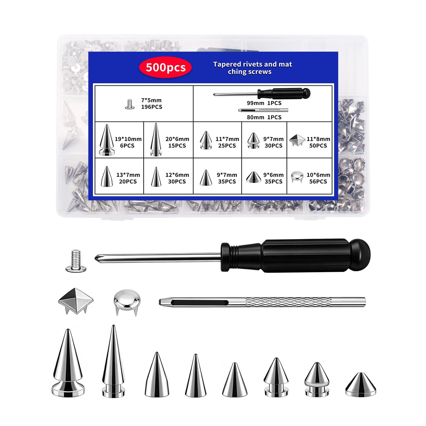 500 Pz Rivetti a Vite, Borchie per Tessuti, Punk Studs, Rivetti Punk Metallici a Piramide Appuntiti, Borchie in Metallo per Abbigliamento, Artigianato fai da te, pelle, cinture, jeans (argento)
