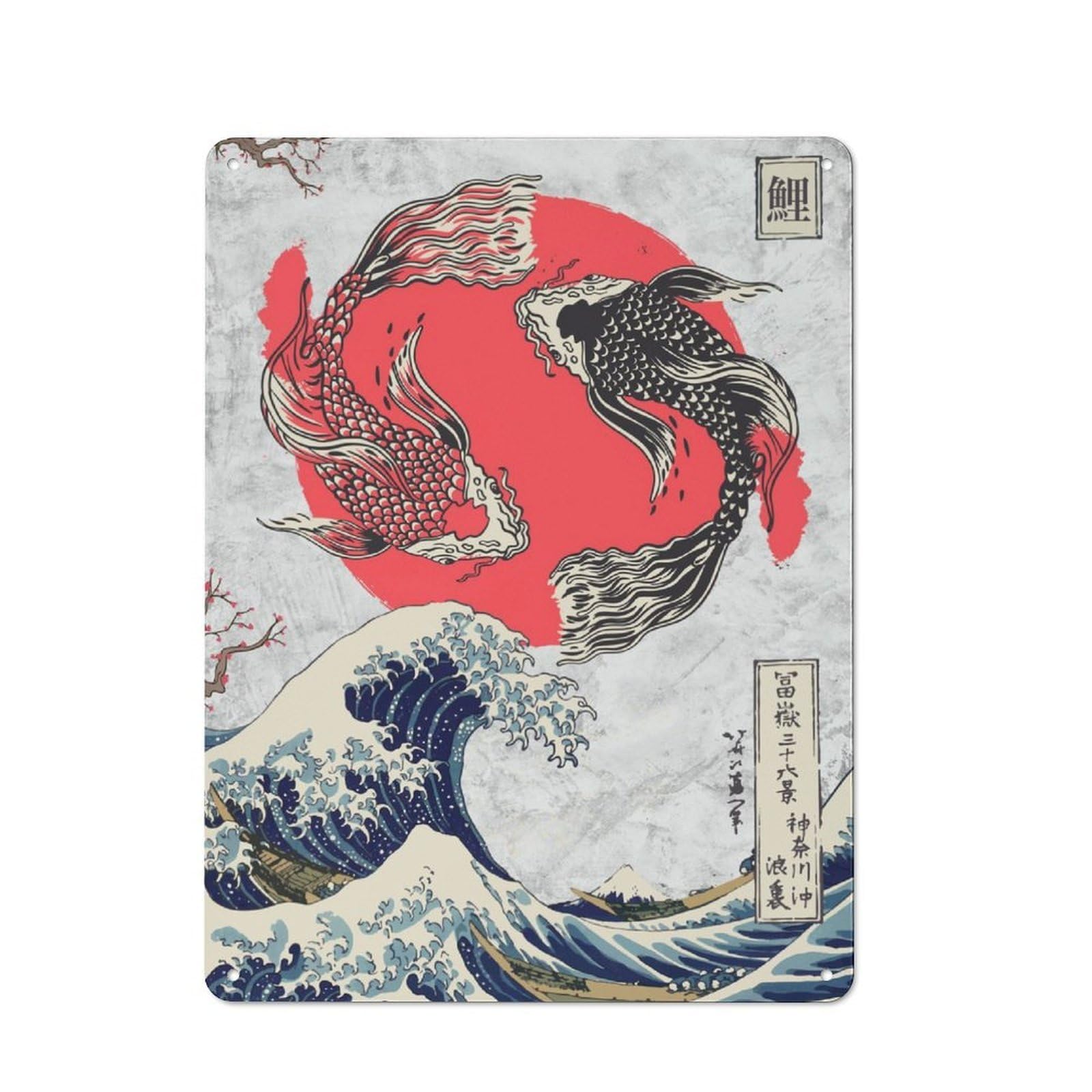 Junmoney Koi Fish Yin And Yang Wave Vintage Tin Sign 40X30cm With For Garage Wall, Suited To People Furnishing A Garage
