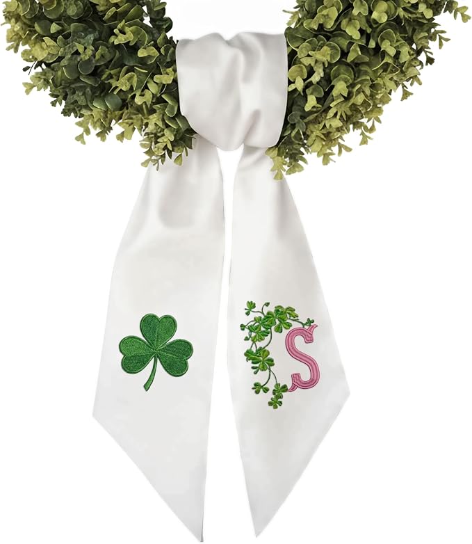 Personalized Linen St Patrick Day Wreath Sash, Custom Letter Monogram Embroidered Plaid 52" x 5", Spring Front Door Decor, Gift for Gardeners