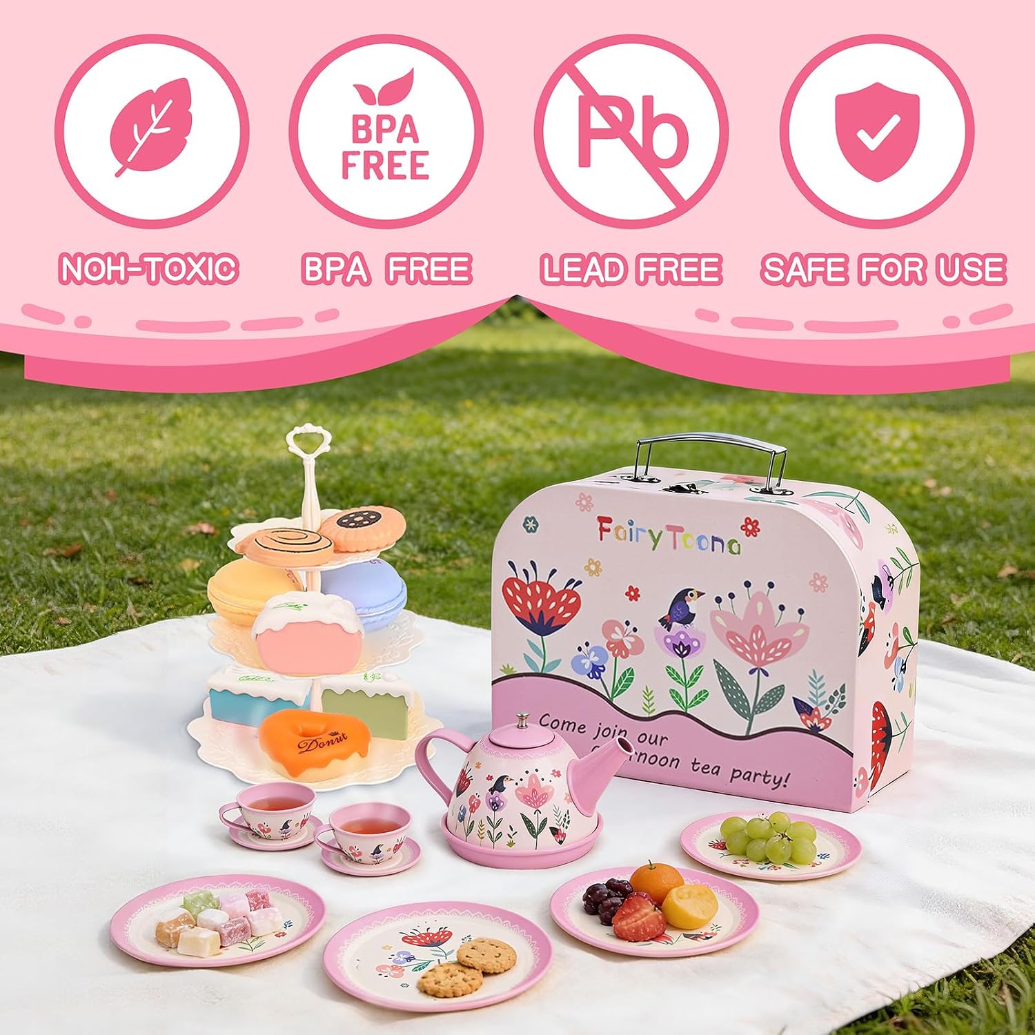 Tea Party Set for Little Girls,39 Pcs Flower Tea Set Toys with Dessert,Cake Stand,Teapot,Cups,Plates,Storage Case,Pretend Play Kitchen,Birthday Princess Gift Set for 3 4 5 6 7 8 Year Old Girls
