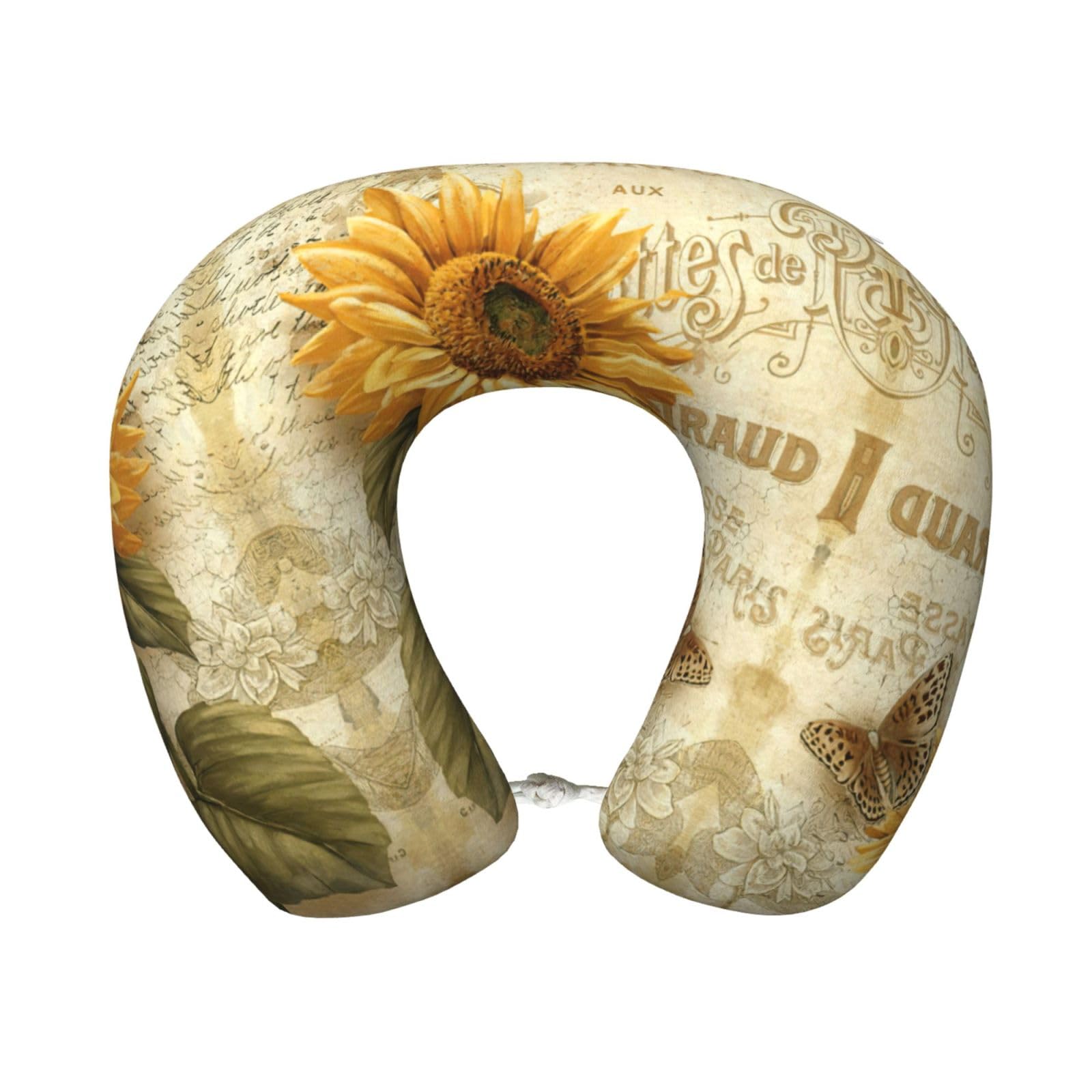 ASFgda U-Shape Memory Foam Retro Sunflower Print Travel Pillow,Neck Support,Washable Cover For Airplane Car Home Office