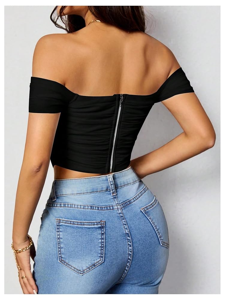 SOLY HUX Women's Off Shoulder Ruched Tee Crop Top Short