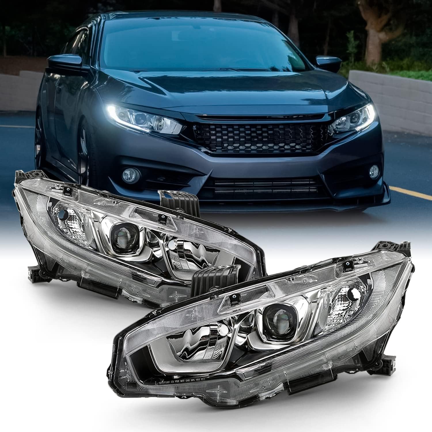 AKKON - Fits 2016-2021 Honda Civic EX/EX-T/LX/EX-L/LX-P/DX [Halogen Type] Tube Projector Headlight Left+Right Pair