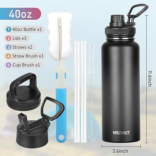 Miniatura 2 de Botella de agua aislada con popote y 3 tapas, botellas de agua de acero inoxidable de 40 onzas, botella de agua deportiva de metal de doble pared,