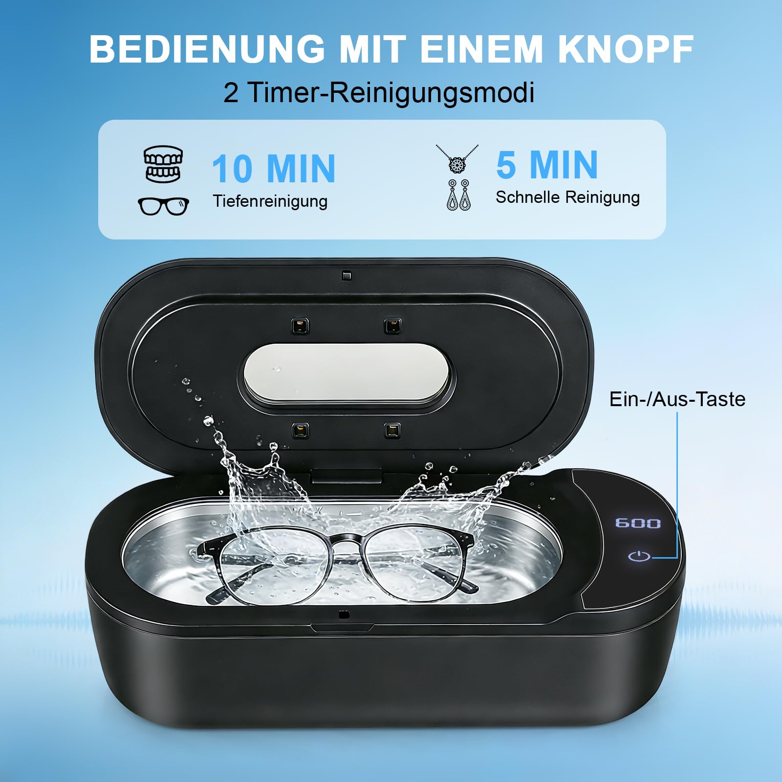 ERWEY Limpiador Ultrasonidos 48000Hz, Ultrasonic Cleaner de 400 ML, Limpiador ultrasónico y 2 Modos de Limpieza, Ultrasonidos Sónico para dentaduras postizas, joyas, gafas y relojes, Negro